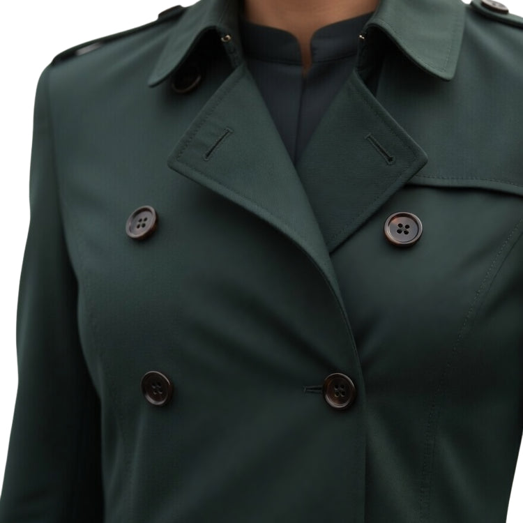 Green trench coat with button details on a white background