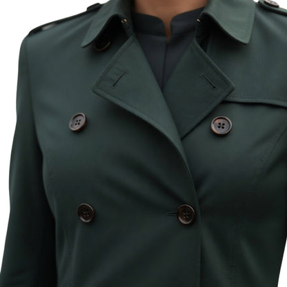 Green trench coat with button details on a white background