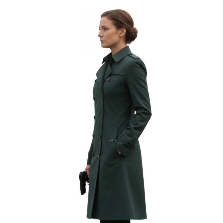 Woman wearing a green trench coat on a white background