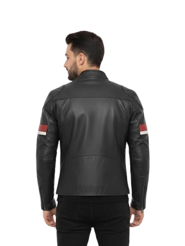 Man wearing a black leather jacket with red and white stripes on a white background