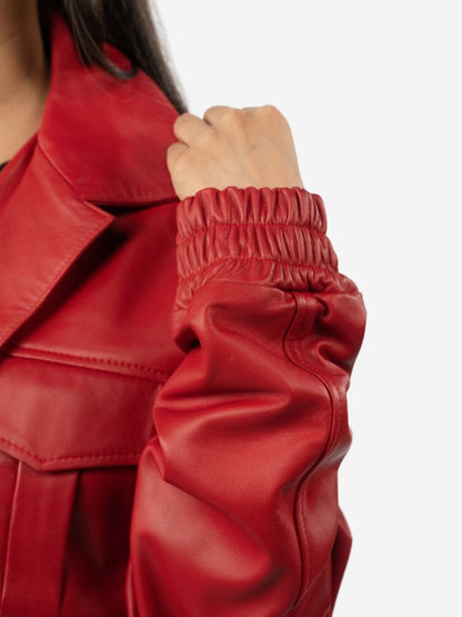 Women's Red Leather Cargo Bomber Jacket - Button-Down Style