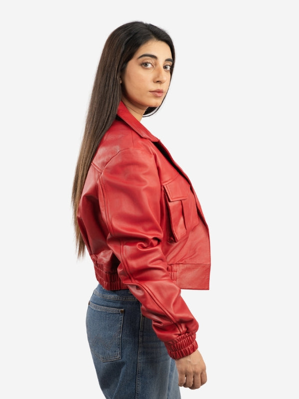 Women's Red Leather Cargo Bomber Jacket - Button-Down Style