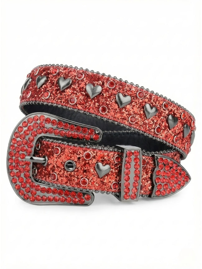 Red belt with silver heart-shaped studs on a white background