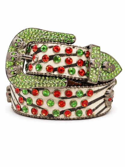 Belt with green and red gemstones on a white background