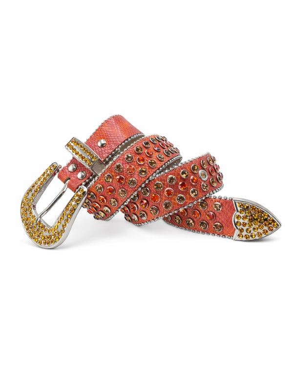 Orange belt with decorative studded buckle on a white background