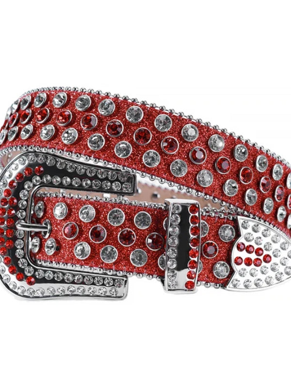 Red belt with silver rhinestones on a white background
