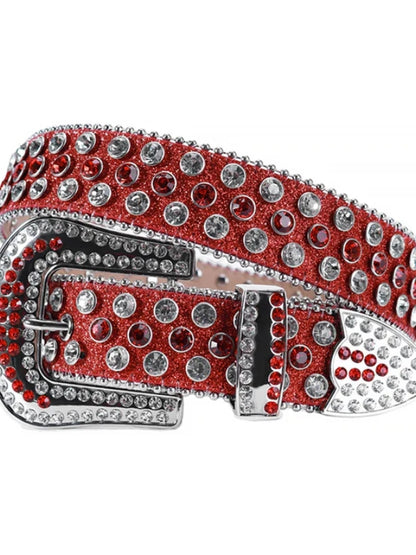 Red belt with silver rhinestones on a white background