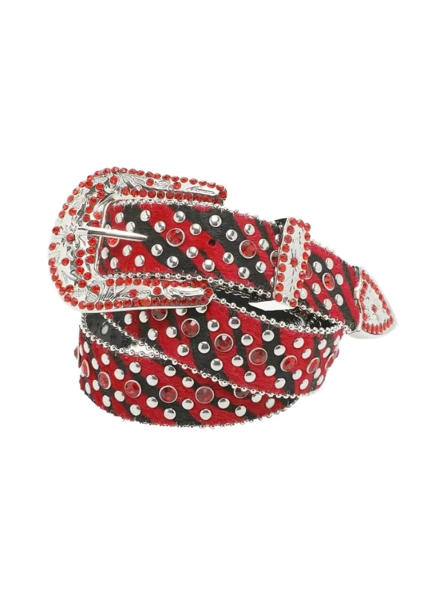 Red and black patterned belt with silver studs on a white background