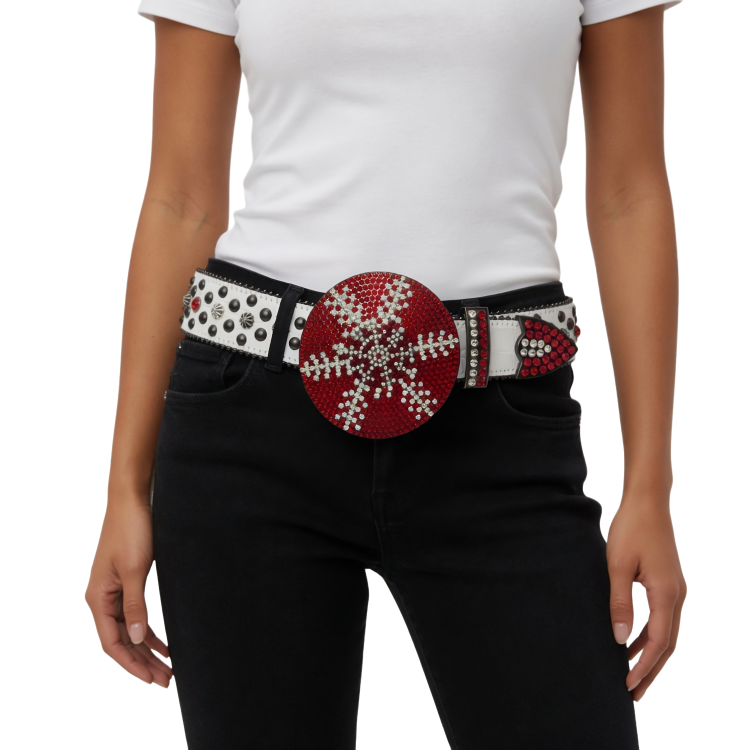Red Rhinestone White Western Belt Live