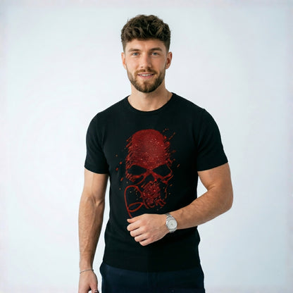 Man wearing a black t-shirt with a red skull design on a white background