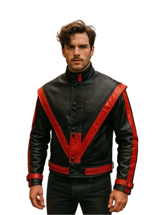 Man wearing a black leather jacket with red accents on a white background