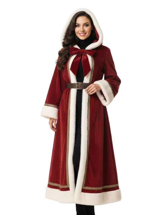 Woman wearing a red coat with white fur trim on a white background