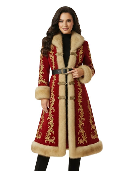 Woman wearing a red coat with gold embroidery and fur trim on a white background
