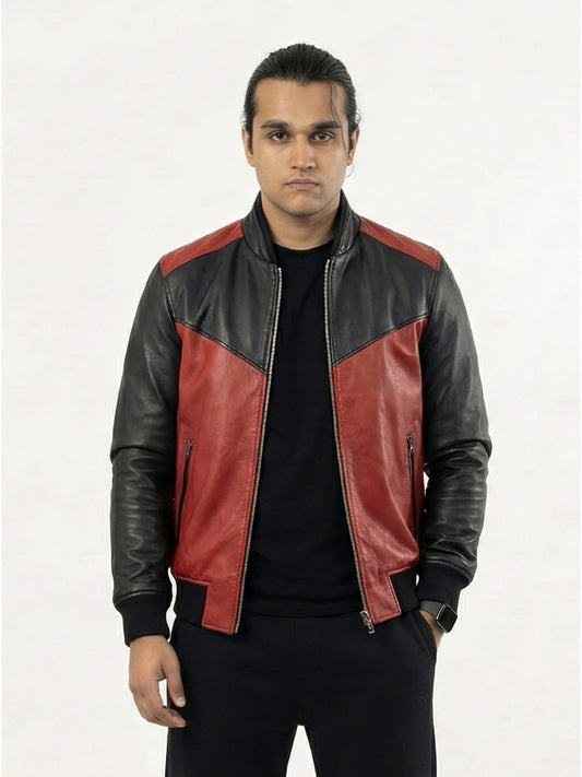 Man wearing a red and black leather jacket on a white background