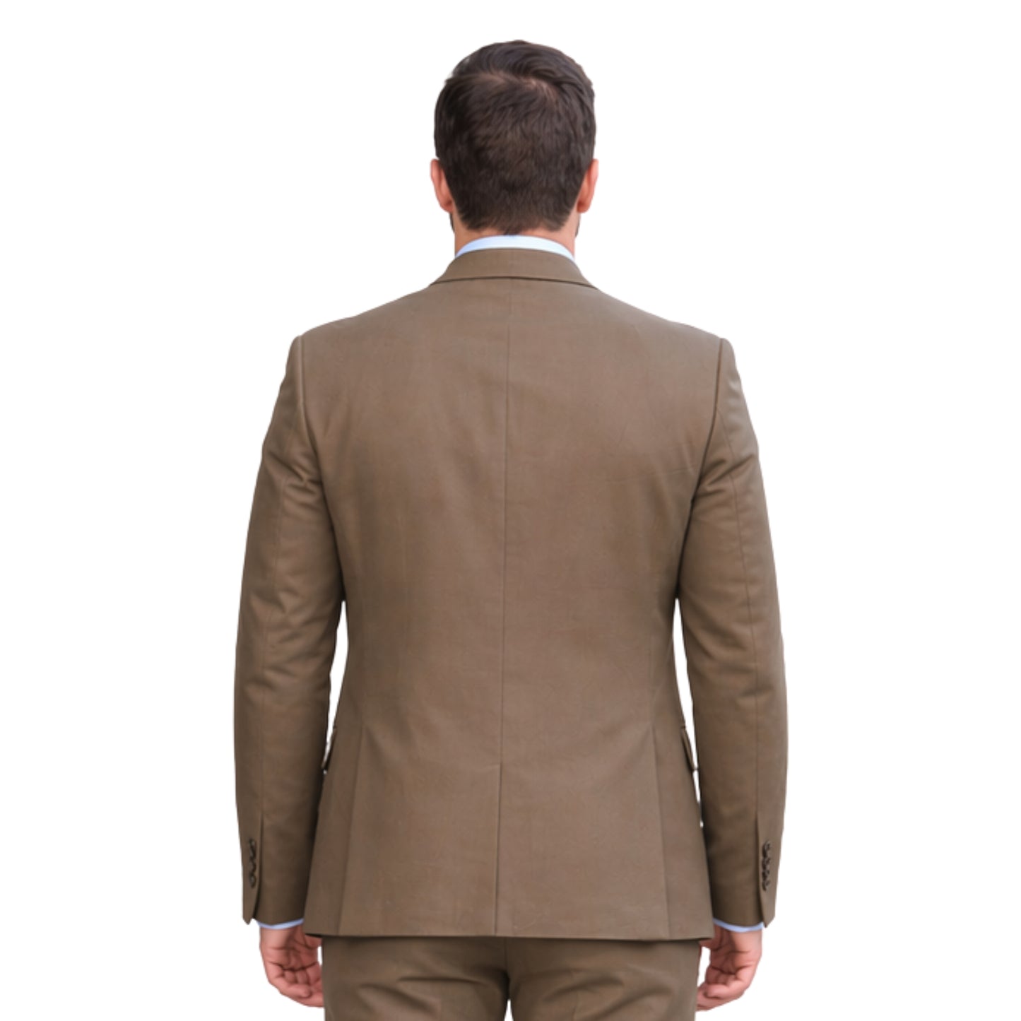 Brown suit jacket worn by a person on a white background