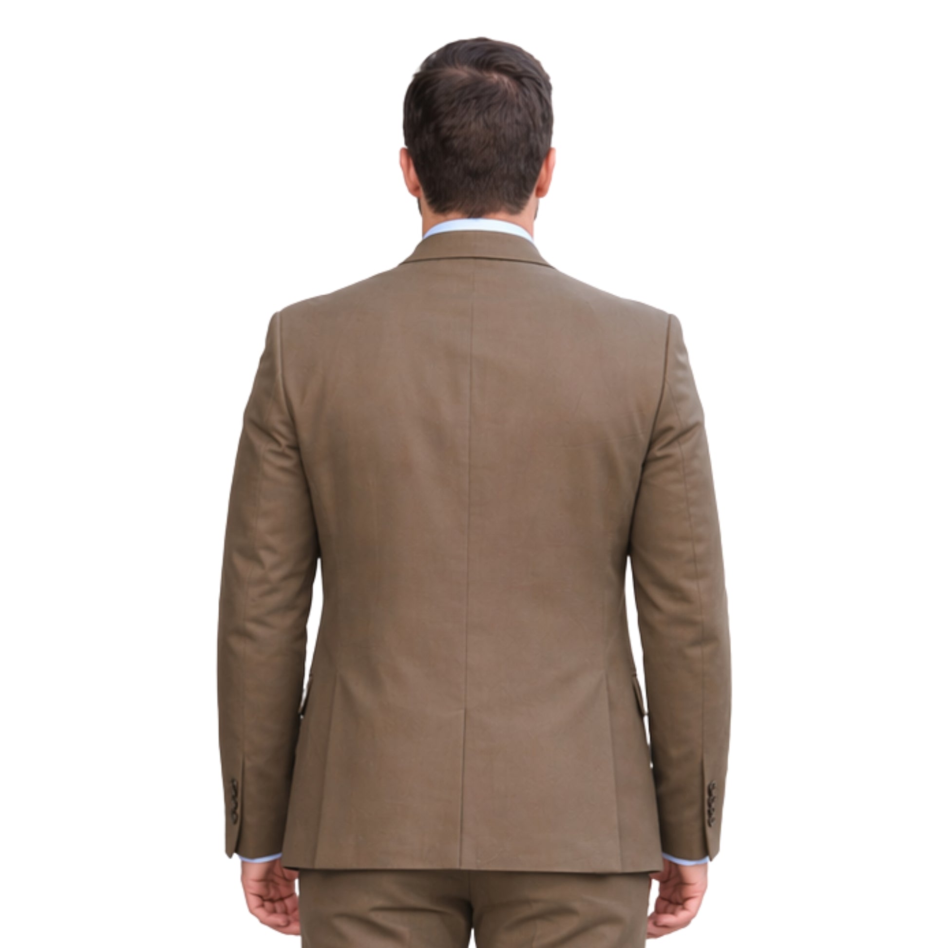 Brown suit jacket worn by a person on a white background