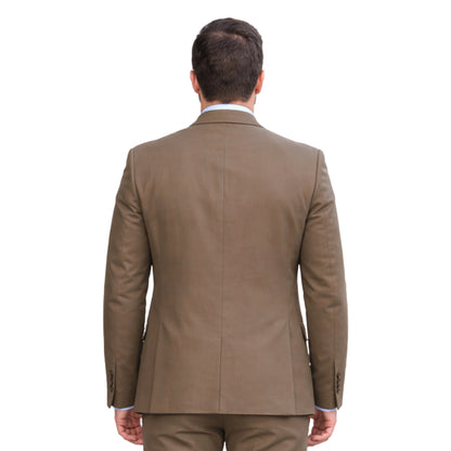 Brown suit jacket worn by a person on a white background
