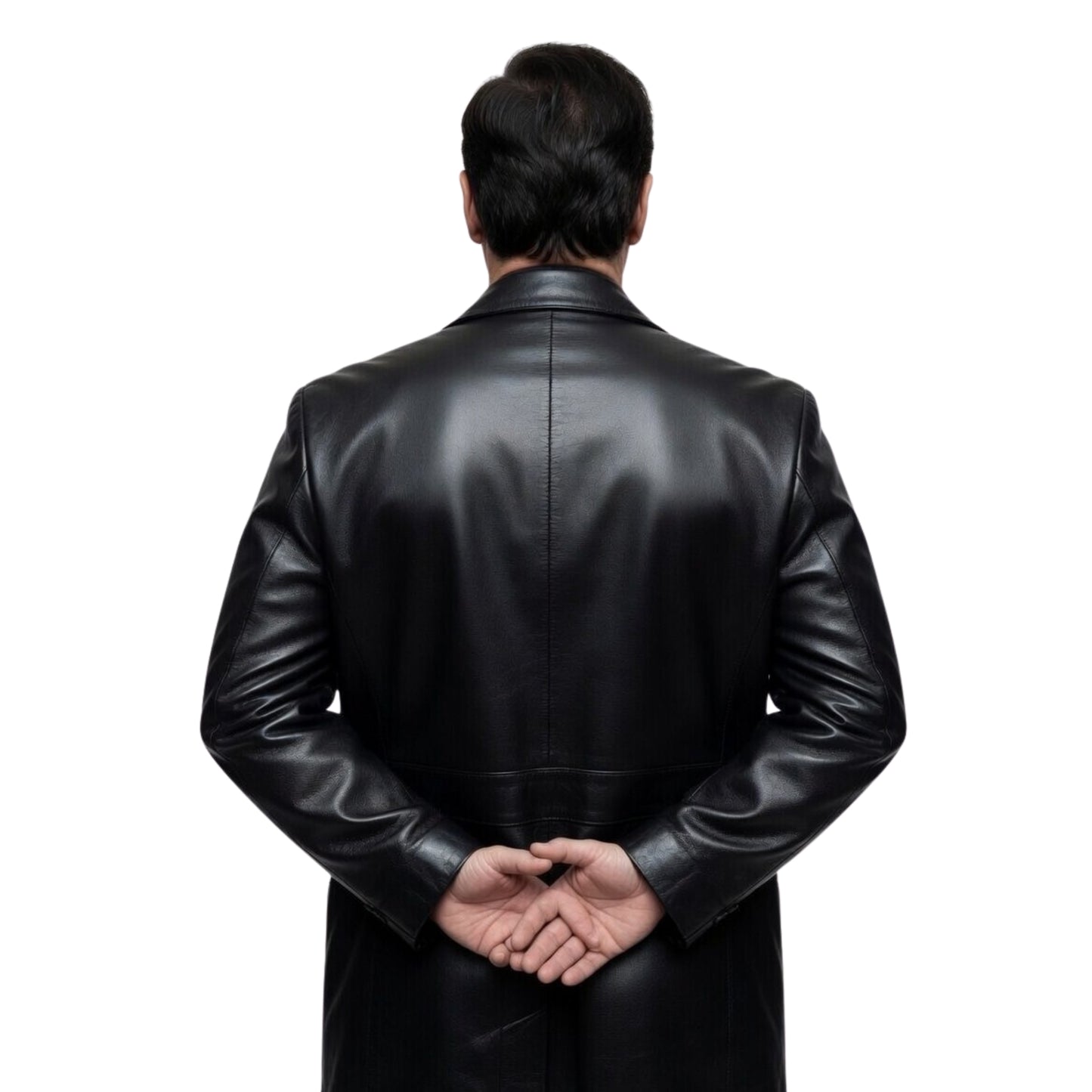 Person wearing a black leather coat from behind on a white background
