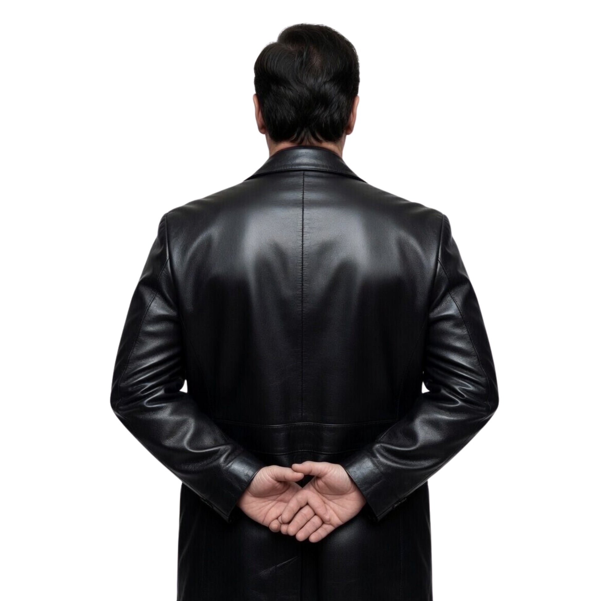 Person wearing a black leather coat from behind on a white background