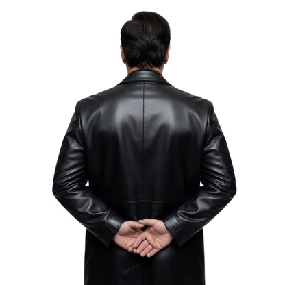 Person wearing a black leather coat from behind on a white background