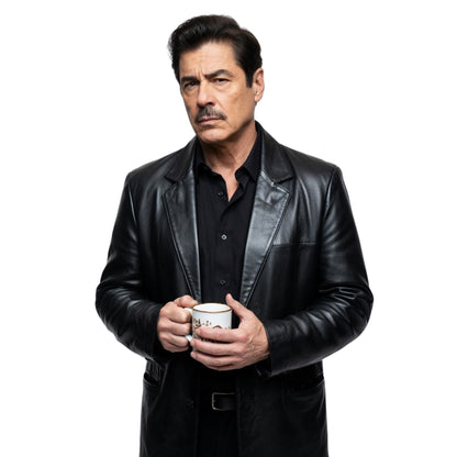 Man in a black leather jacket holding a white mug on a white background