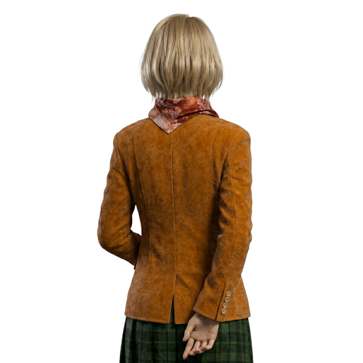 Person wearing a brown jacket on a white background