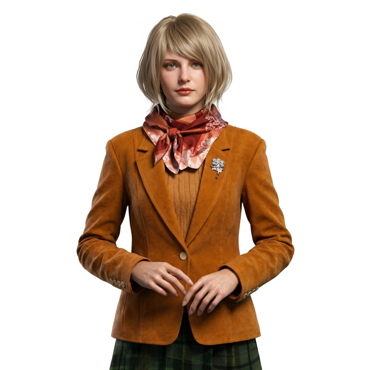 Woman wearing a brown blazer with a patterned scarf on a white background