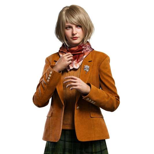 Woman wearing a brown jacket with a scarf and brooch on a white background