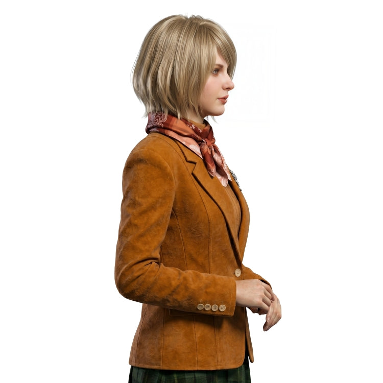Woman wearing a brown jacket with a patterned scarf on a white background
