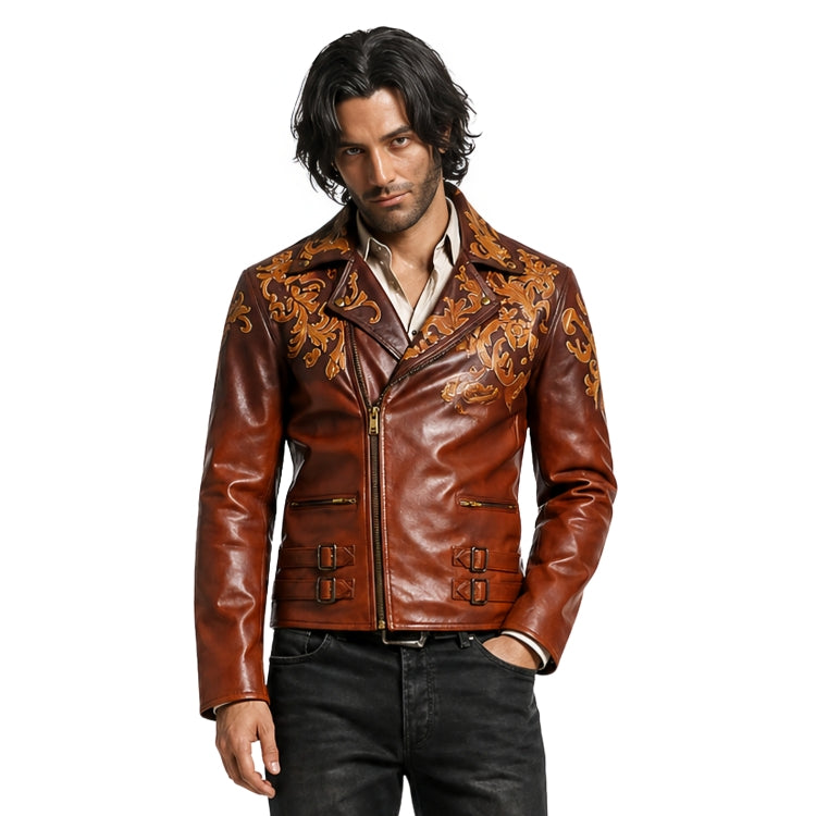 Man wearing a brown leather jacket with intricate designs on a white background