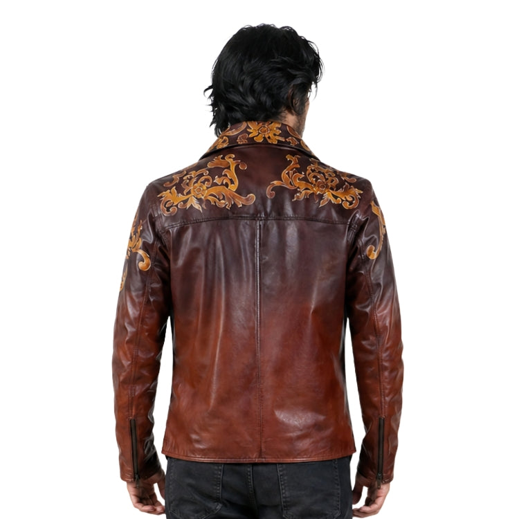 Brown leather jacket with gold embroidery on a white background