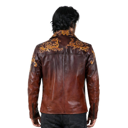 Brown leather jacket with gold embroidery on a white background
