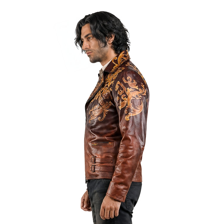 Man wearing a brown leather jacket with gold embroidery on a white background
