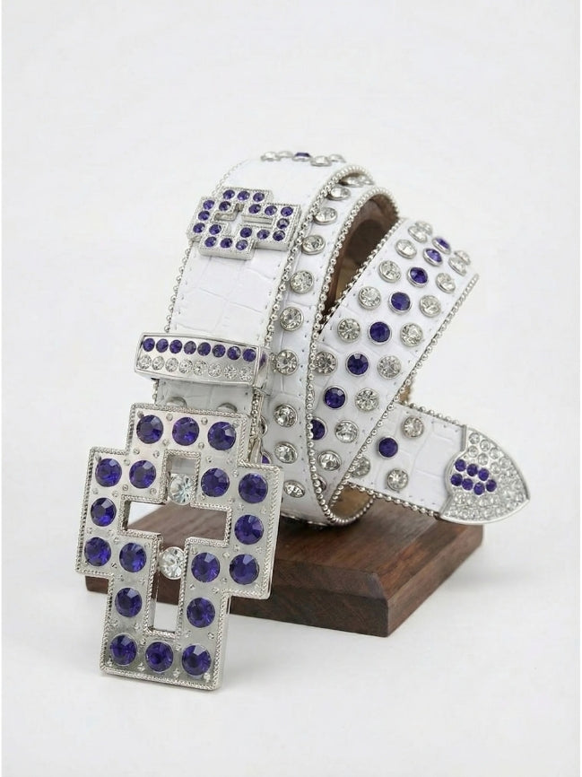 Decorative belt with purple and silver embellishments on a white background
