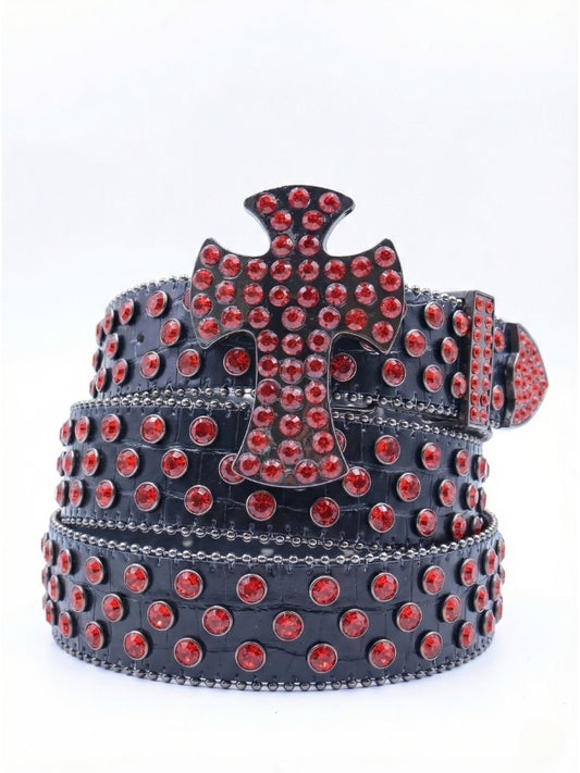 Black belt with red gemstones on a white background