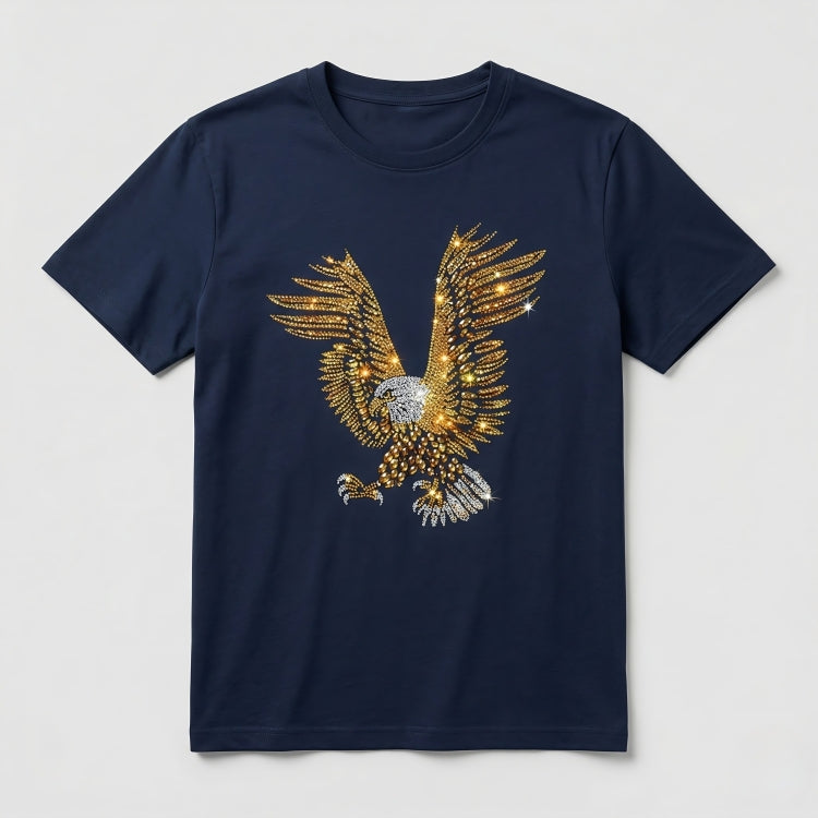 Navy blue t-shirt with a gold eagle design on a light gray background