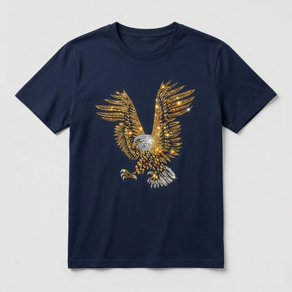 Navy blue t-shirt with a gold eagle design on a light gray background