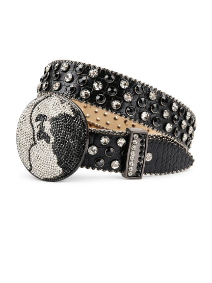 Black studded belt with a decorative buckle on a white background