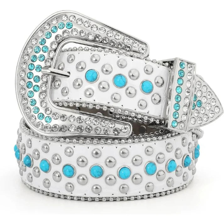 Belt with turquoise and silver studs on a white background