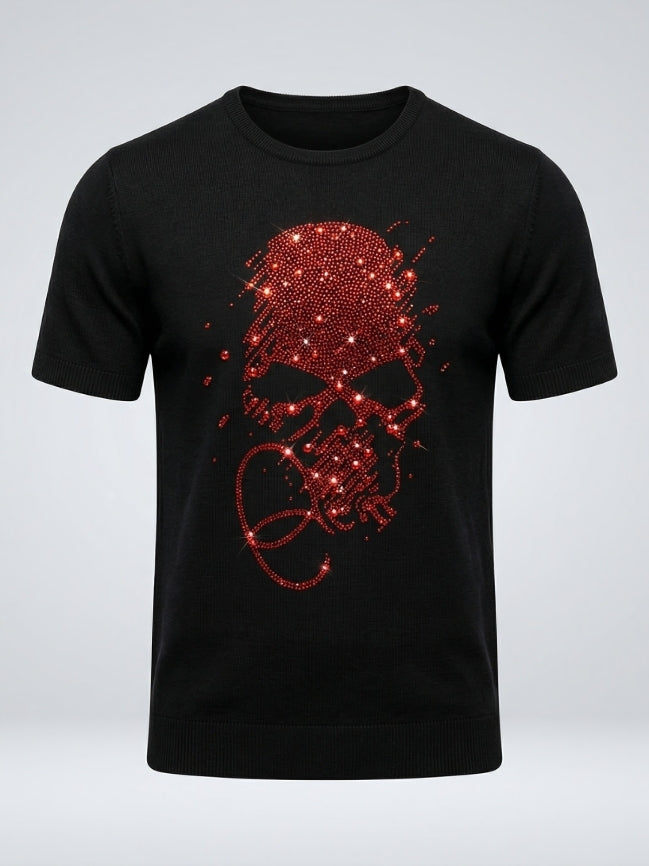 Black t-shirt with a red skull design on a light gray background