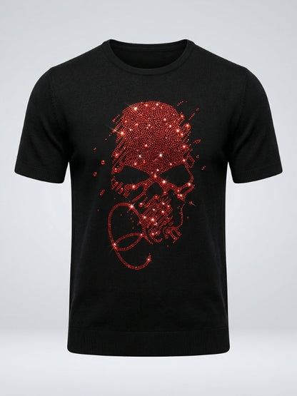 Black t-shirt with a red skull design on a light gray background