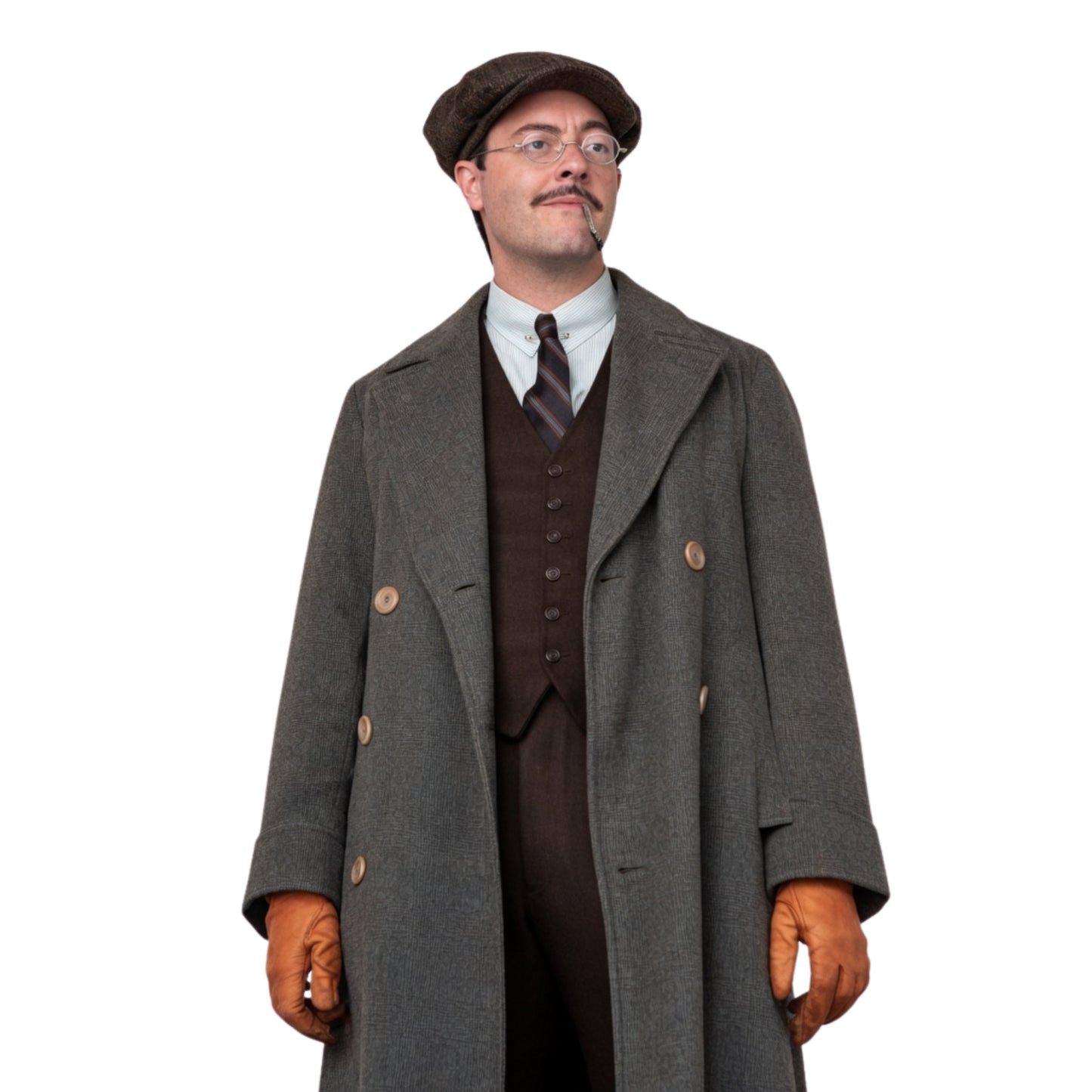 Man wearing a vintage outfit with a long coat, vest, tie, and gloves on a white background