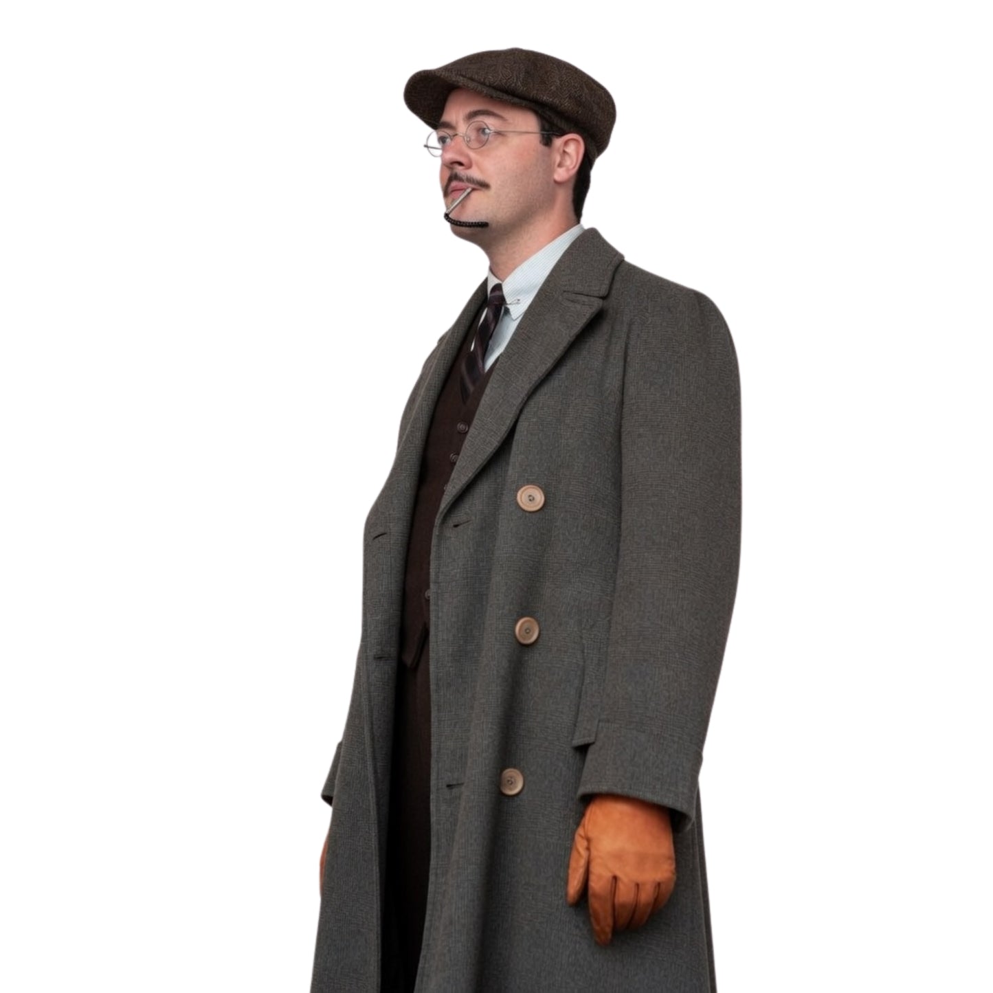 Man wearing a long gray coat, brown hat, and gloves on a white background