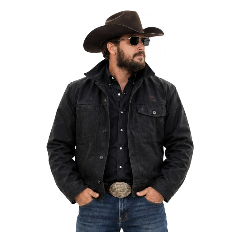 Man wearing a black jacket, jeans, and a cowboy hat on a white background