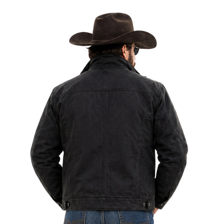 Man wearing a black jacket and brown cowboy hat on a white background