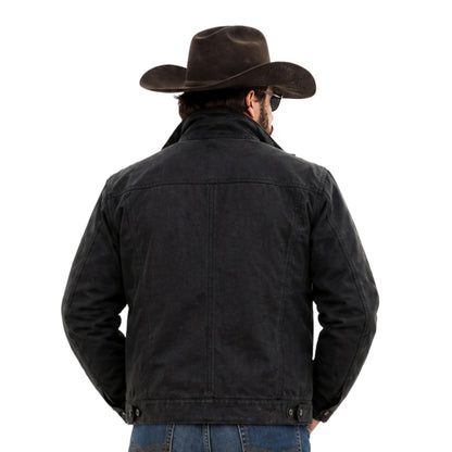 Man wearing a black jacket and brown cowboy hat on a white background