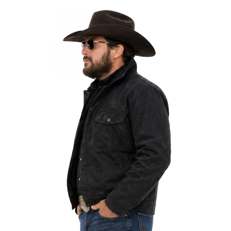 Man wearing a black cowboy hat, sunglasses, and a black jacket on a white background
