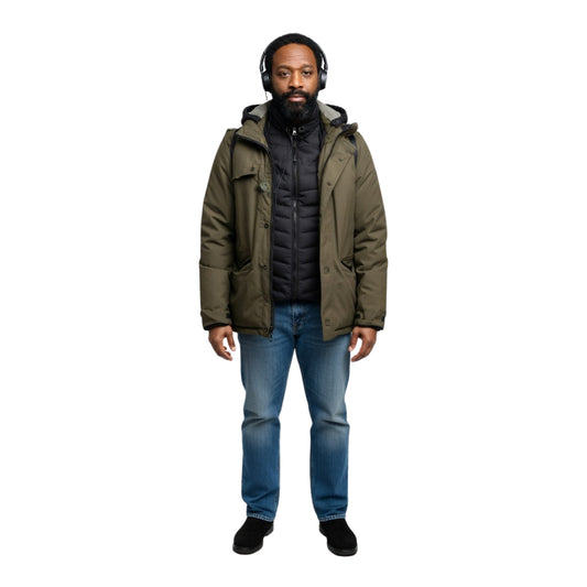 Man wearing a green winter coat, black shirt, blue jeans, and headphones on a white background