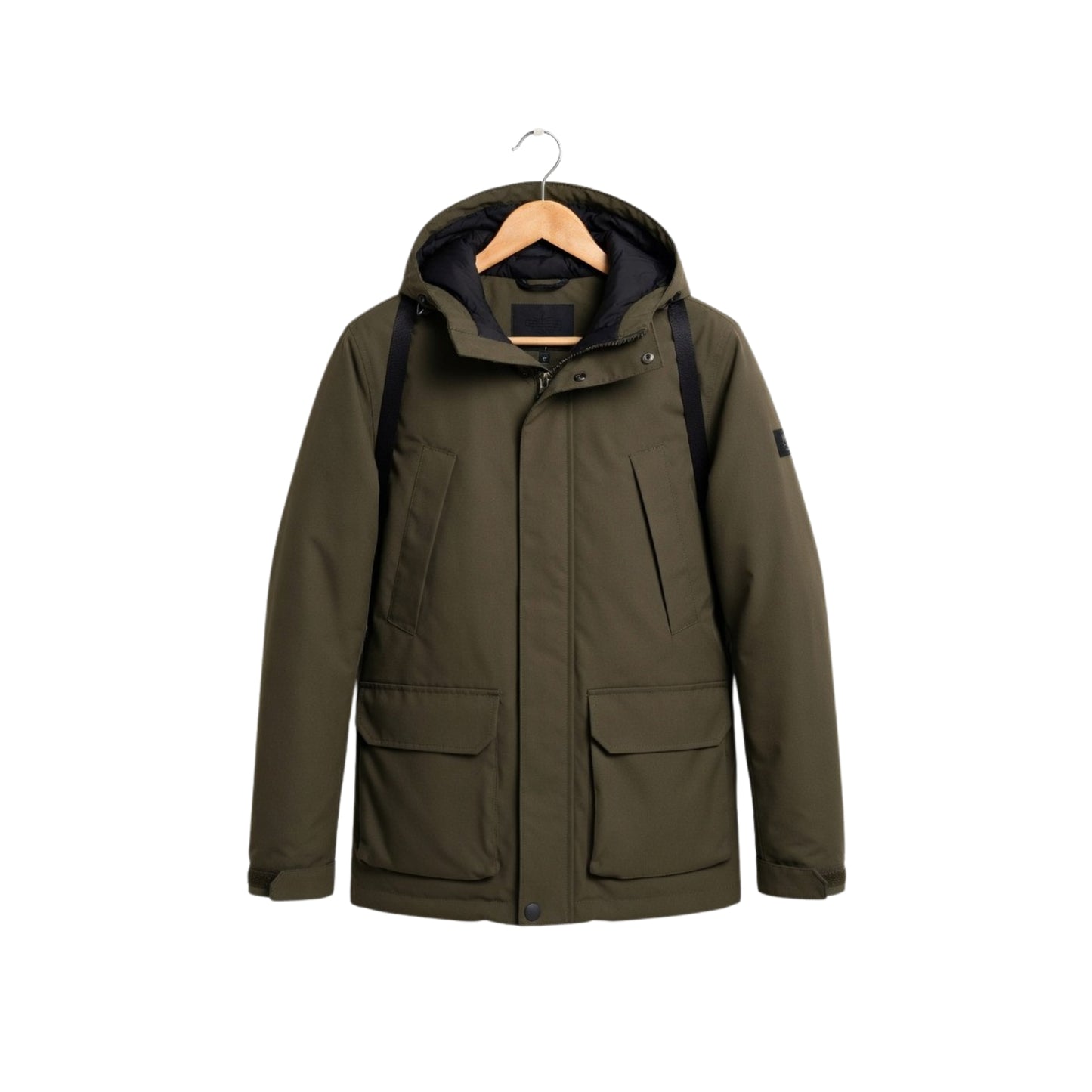 Green winter jacket on a hanger against a white background