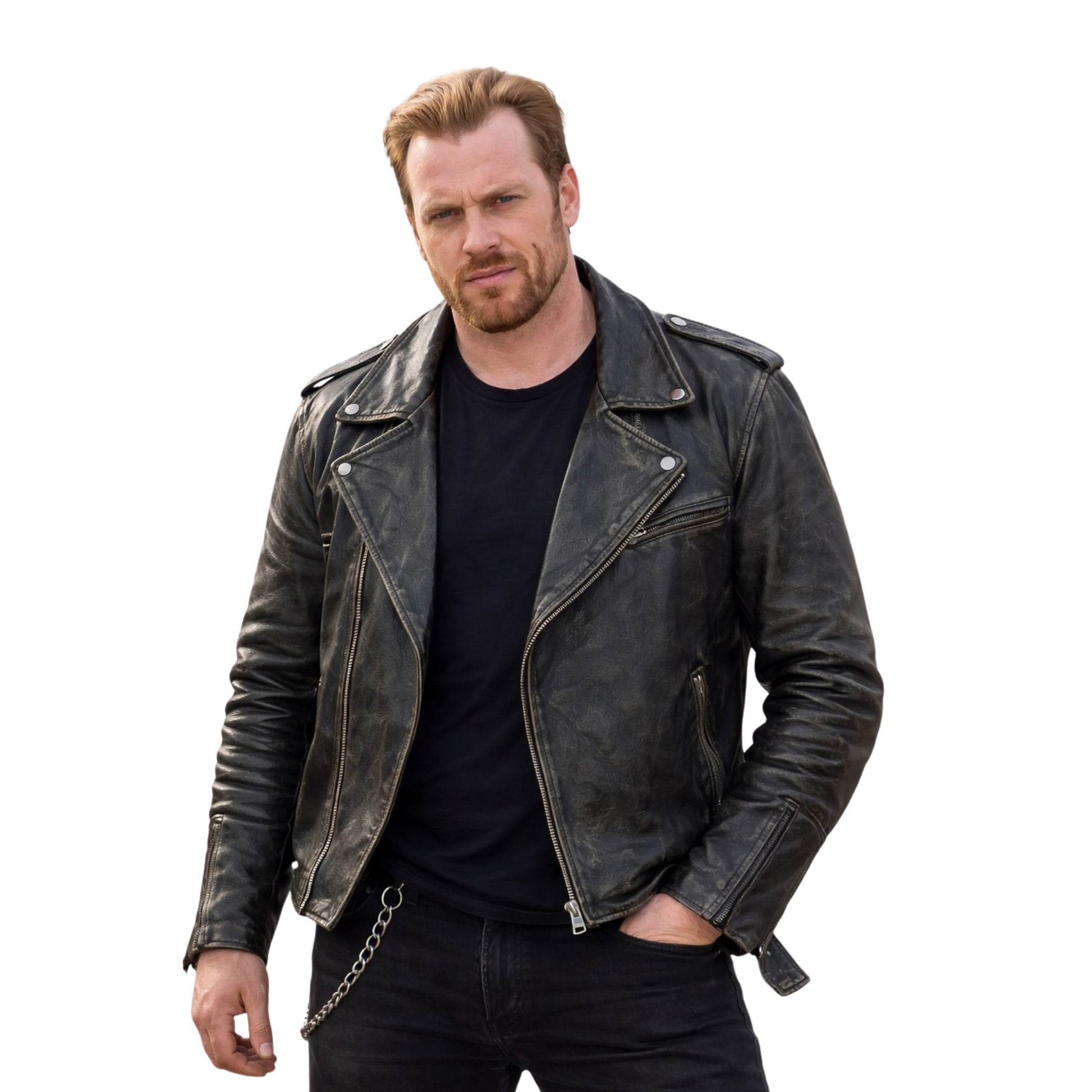Man wearing a black leather jacket on a white background